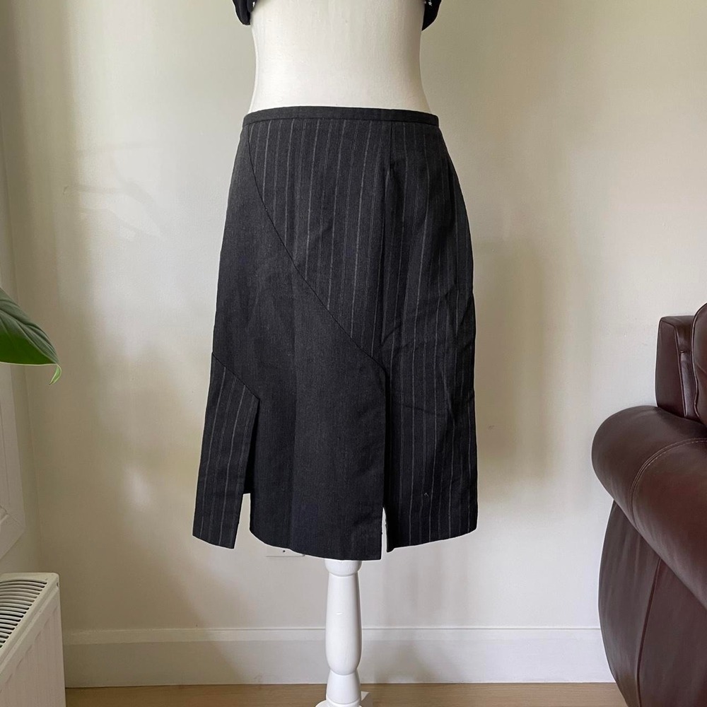 y2k Pinstripe Wool Midi Skirt Womens Sz 10 Black Office Siren Fall Wear